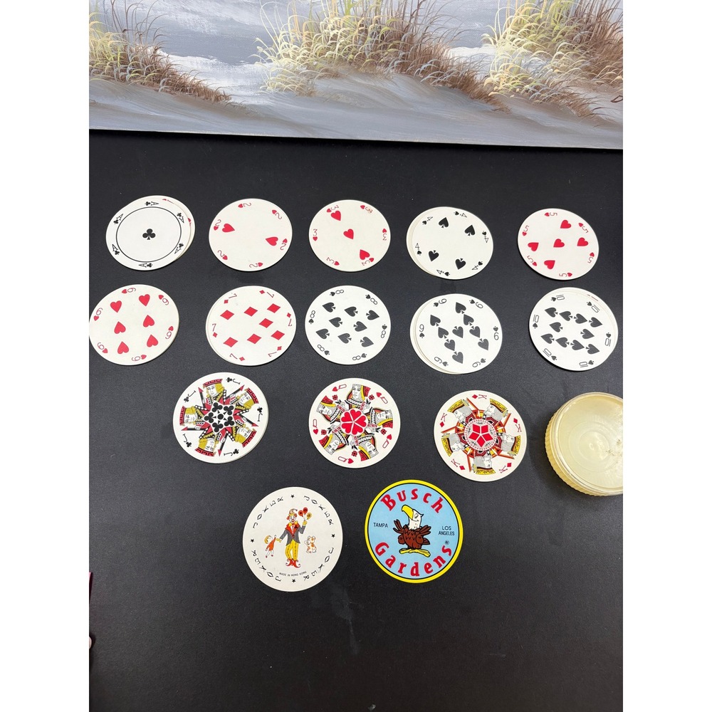 Vintage Busch Gardens Souvenir Round Playing Cards Clown Hong Kong Case 3 Inch